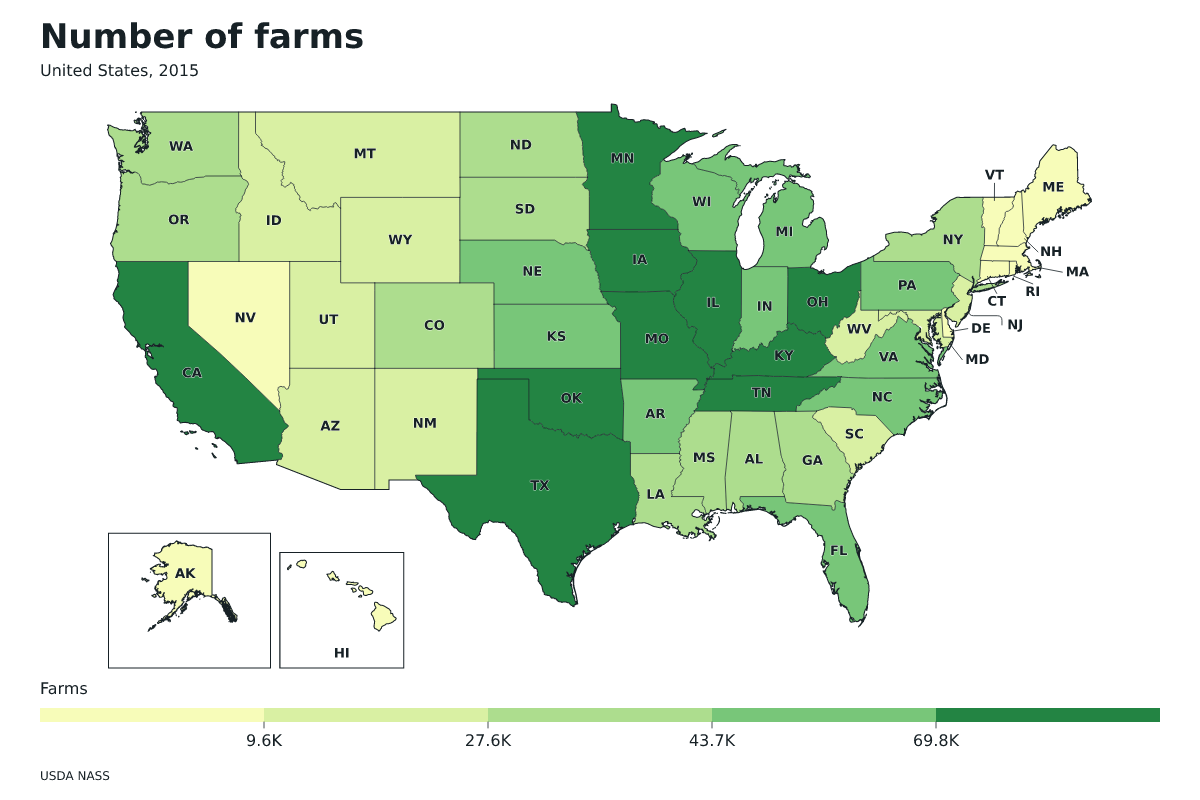 Número de explotaciones agrícolas por estado en Estados Unidos, 2015. Unidad: explotaciones agrícolas. Fuente: USDA National Agricultural Statistics Service (NASS).