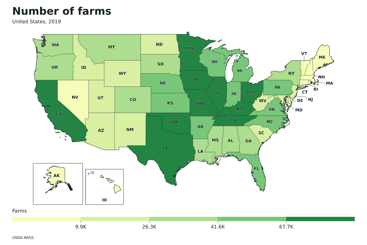 Número de explotaciones agrícolas por estado en Estados Unidos, 2019. Unidad: explotaciones agrícolas. Fuente: USDA National Agricultural Statistics Service (NASS).