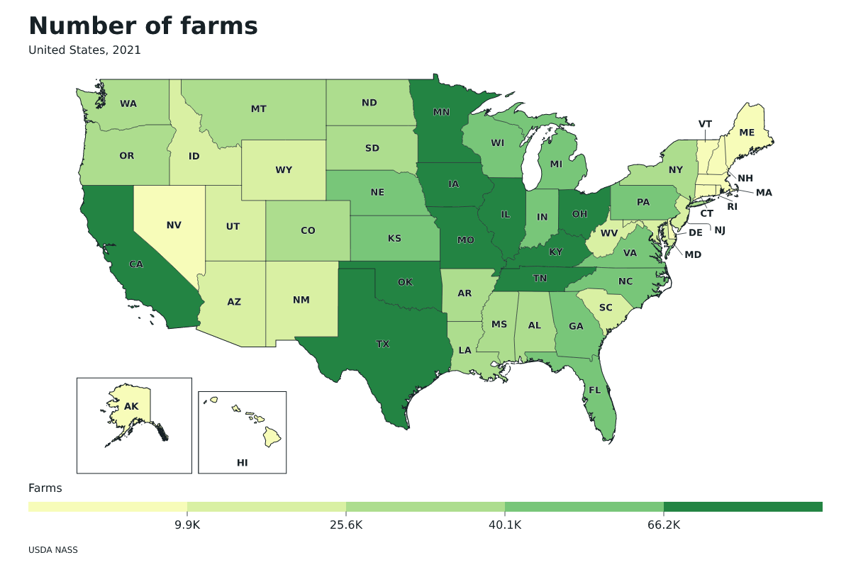 Número de explotaciones agrícolas por estado en Estados Unidos, 2021. Unidad: explotaciones agrícolas. Fuente: USDA National Agricultural Statistics Service (NASS).
