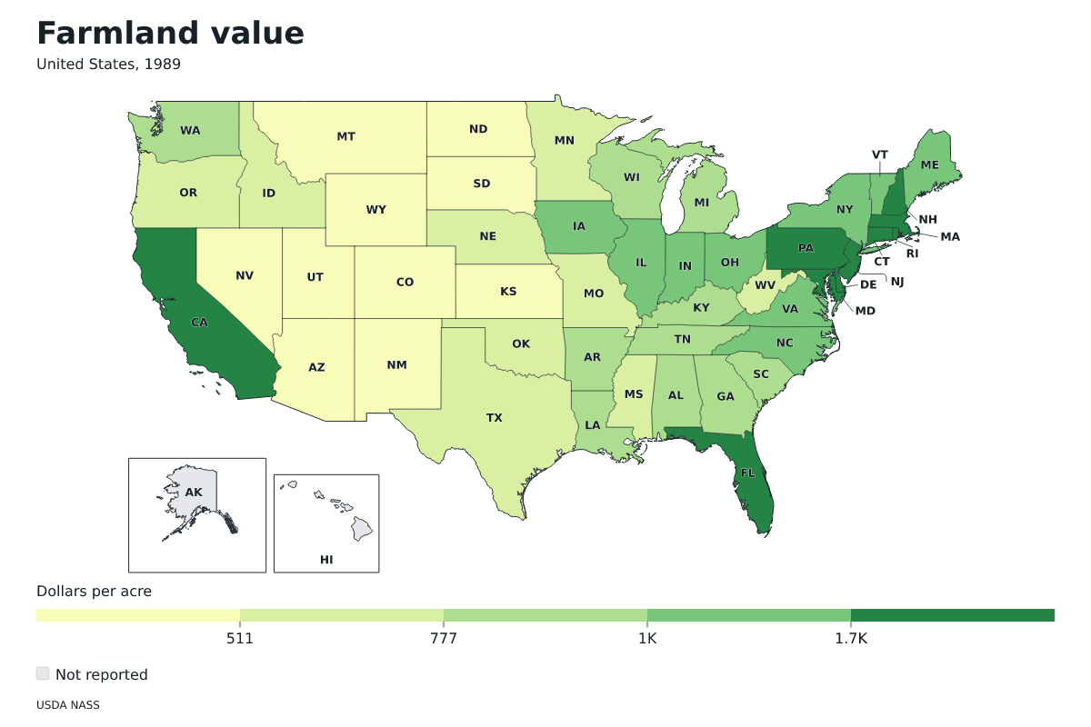 Valor de las tierras agrícolas por estado en Estados Unidos, 1989. Unidad: dólares por acre. Fuente: USDA National Agricultural Statistics Service (NASS).