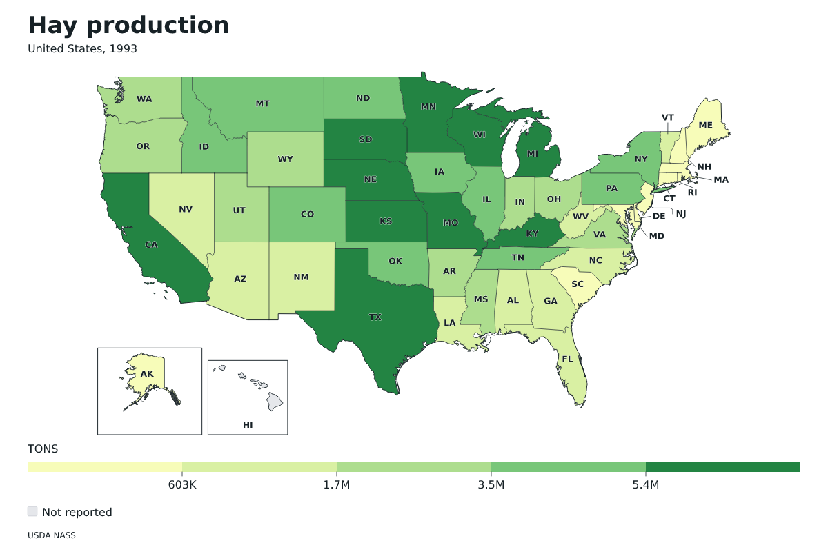 Producción de heno por estado en Estados Unidos, 1993. Unidad: toneladas estadounidenses (2.000 libras). Fuente: USDA National Agricultural Statistics Service (NASS).