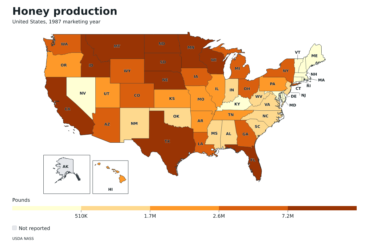 Producción de miel por estado en Estados Unidos, Año comercial 1987. Unidad: libras de miel. Fuente: USDA National Agricultural Statistics Service (NASS).