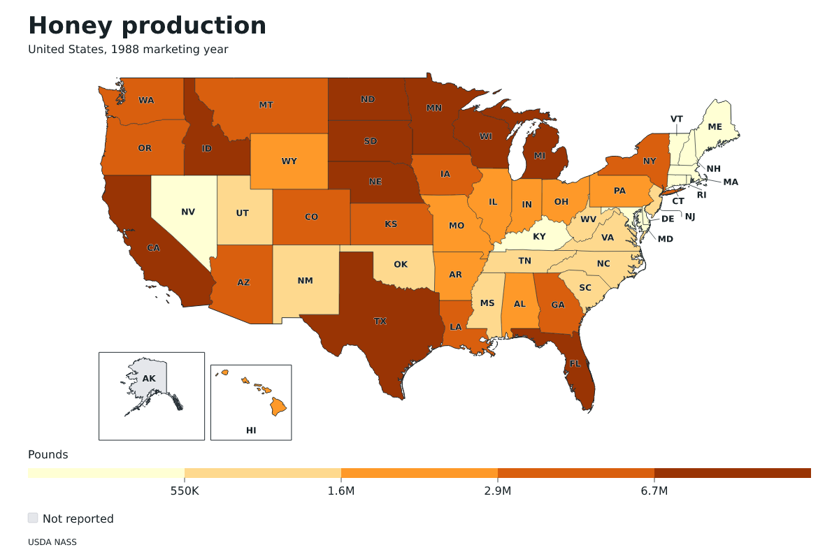 Producción de miel por estado en Estados Unidos, Año comercial 1988. Unidad: libras de miel. Fuente: USDA National Agricultural Statistics Service (NASS).