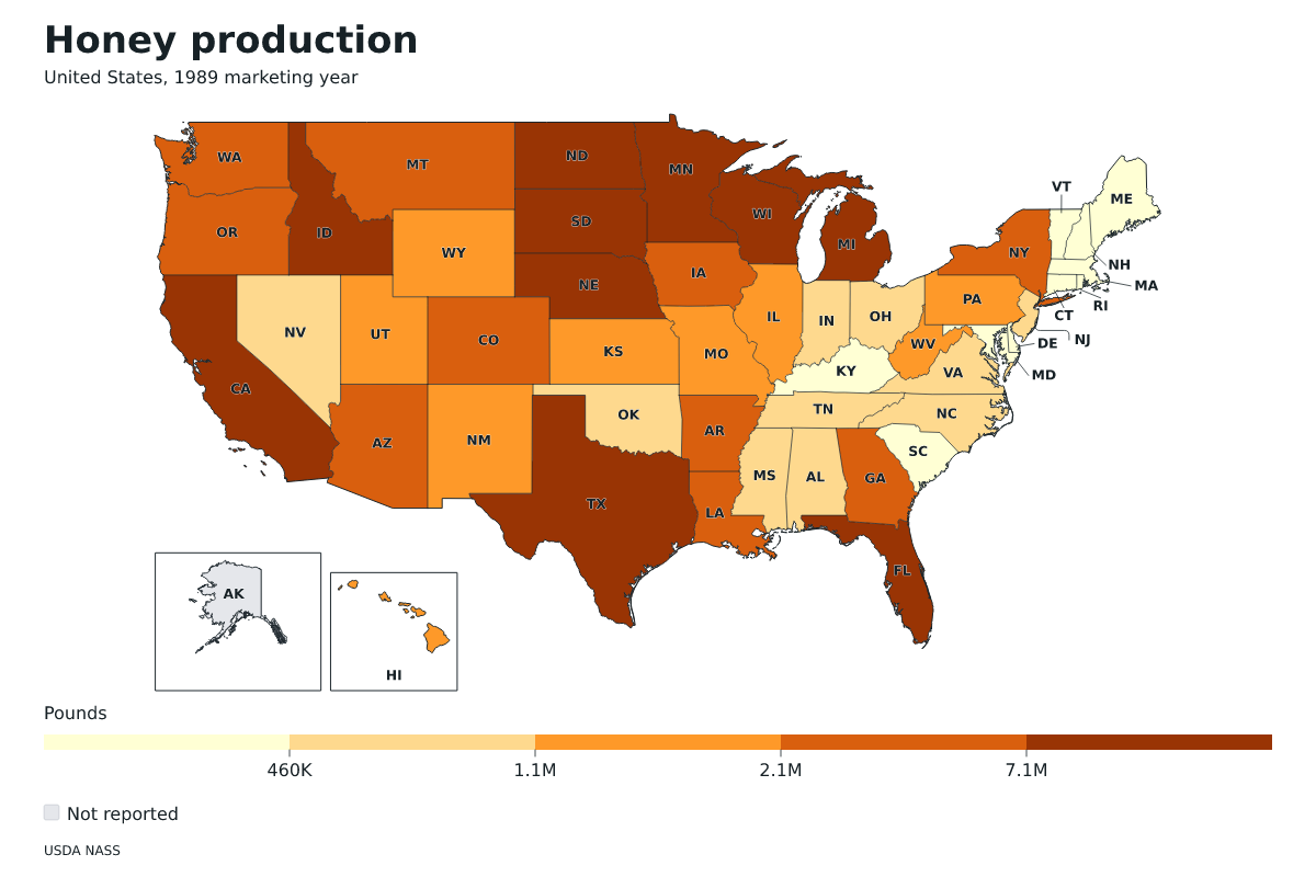 Producción de miel por estado en Estados Unidos, Año comercial 1989. Unidad: libras de miel. Fuente: USDA National Agricultural Statistics Service (NASS).