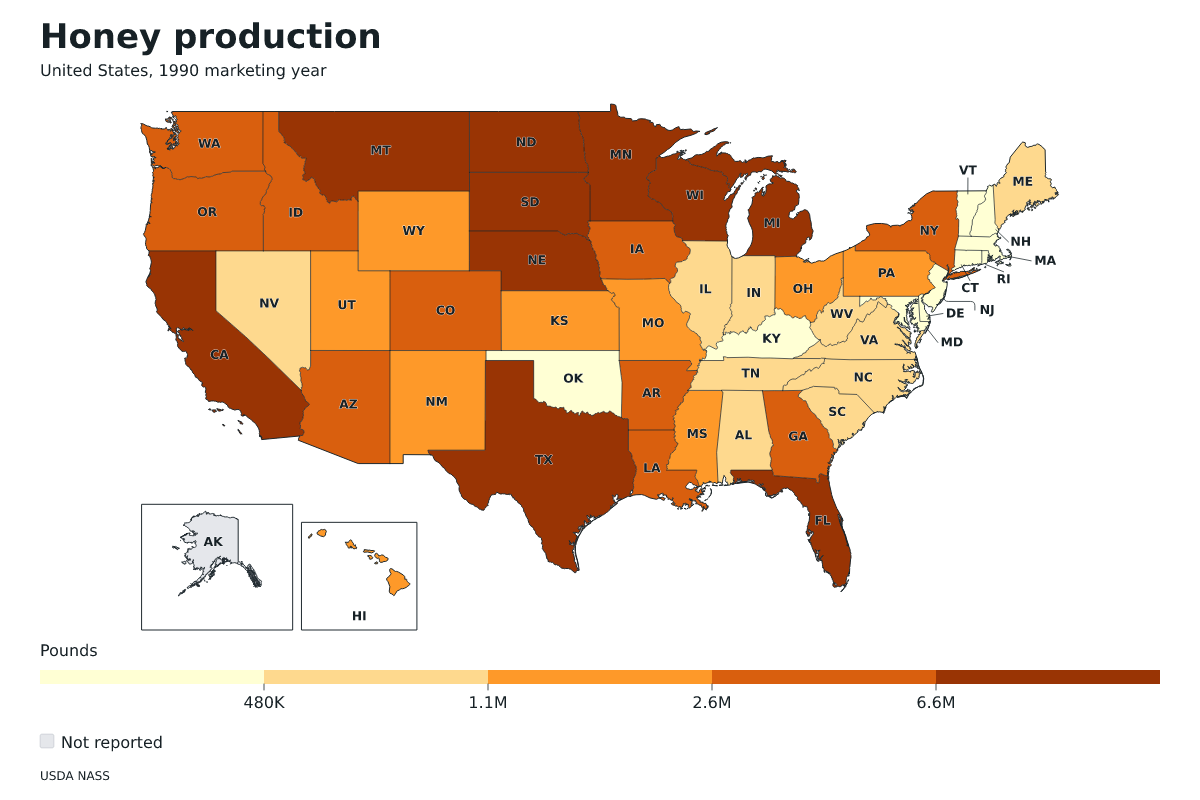 Producción de miel por estado en Estados Unidos, Año comercial 1990. Unidad: libras de miel. Fuente: USDA National Agricultural Statistics Service (NASS).