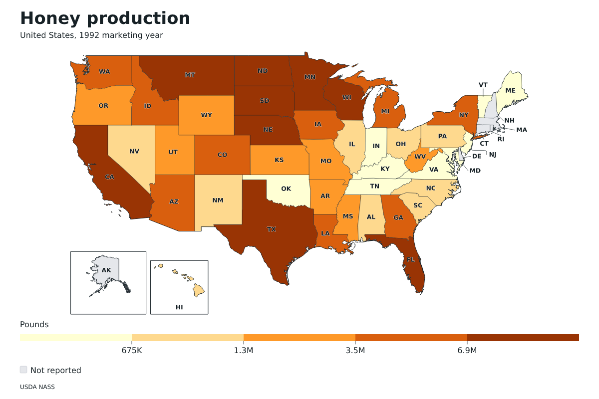 Producción de miel por estado en Estados Unidos, Año comercial 1992. Unidad: libras de miel. Fuente: USDA National Agricultural Statistics Service (NASS).
