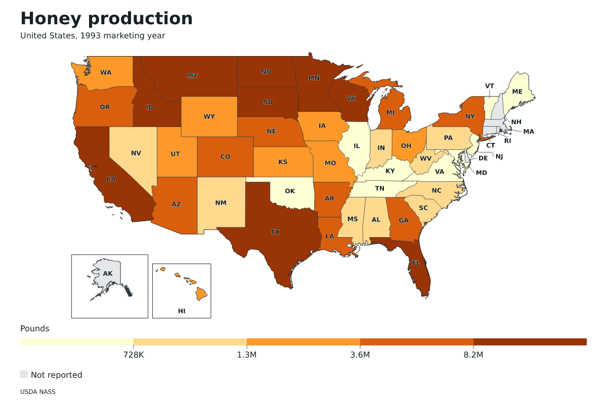 Producción de miel por estado en Estados Unidos, Año comercial 1993. Unidad: libras de miel. Fuente: USDA National Agricultural Statistics Service (NASS).