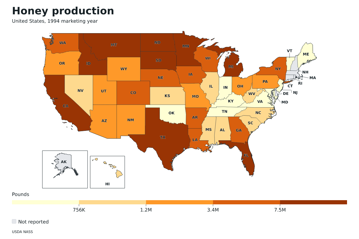 Producción de miel por estado en Estados Unidos, Año comercial 1994. Unidad: libras de miel. Fuente: USDA National Agricultural Statistics Service (NASS).