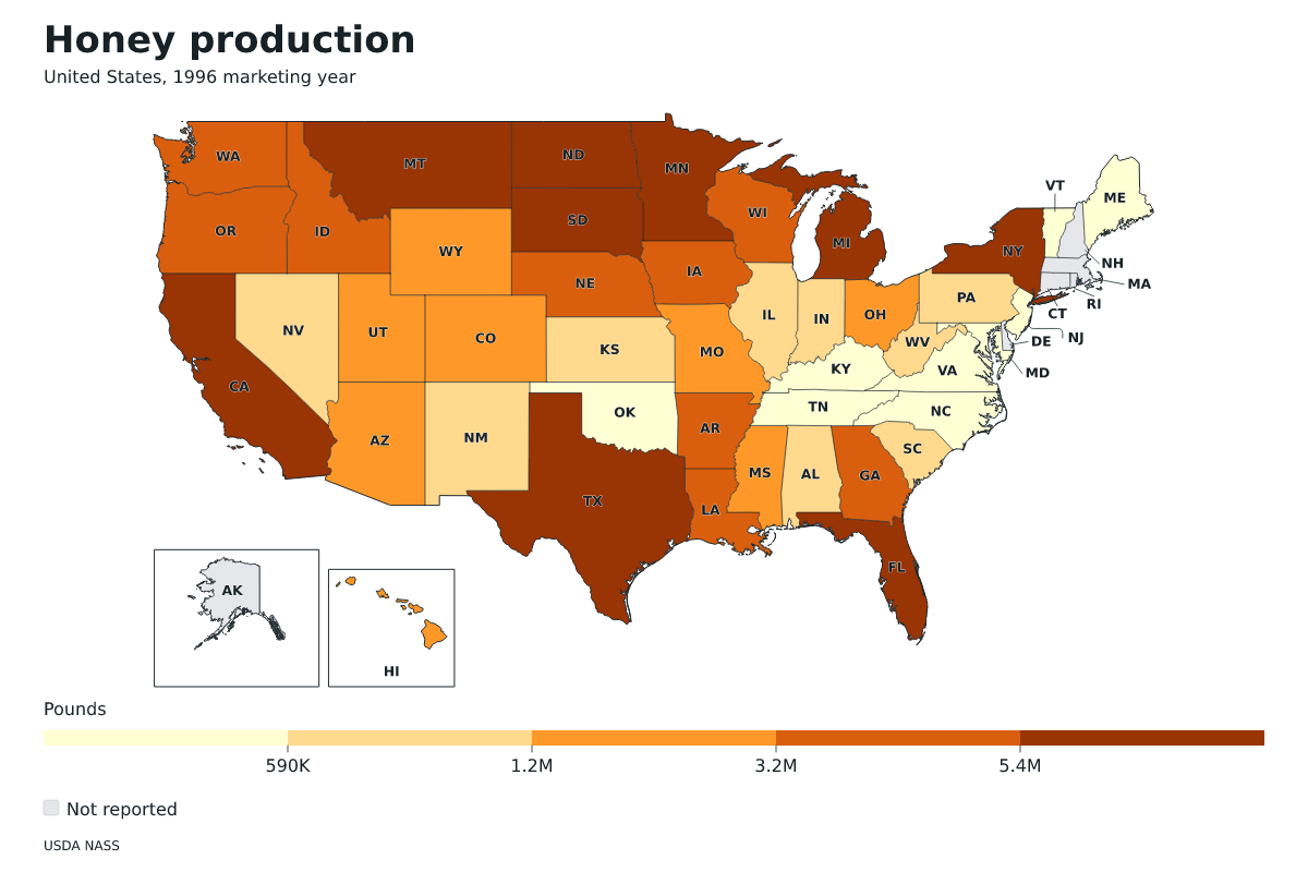 Producción de miel por estado en Estados Unidos, Año comercial 1996. Unidad: libras de miel. Fuente: USDA National Agricultural Statistics Service (NASS).