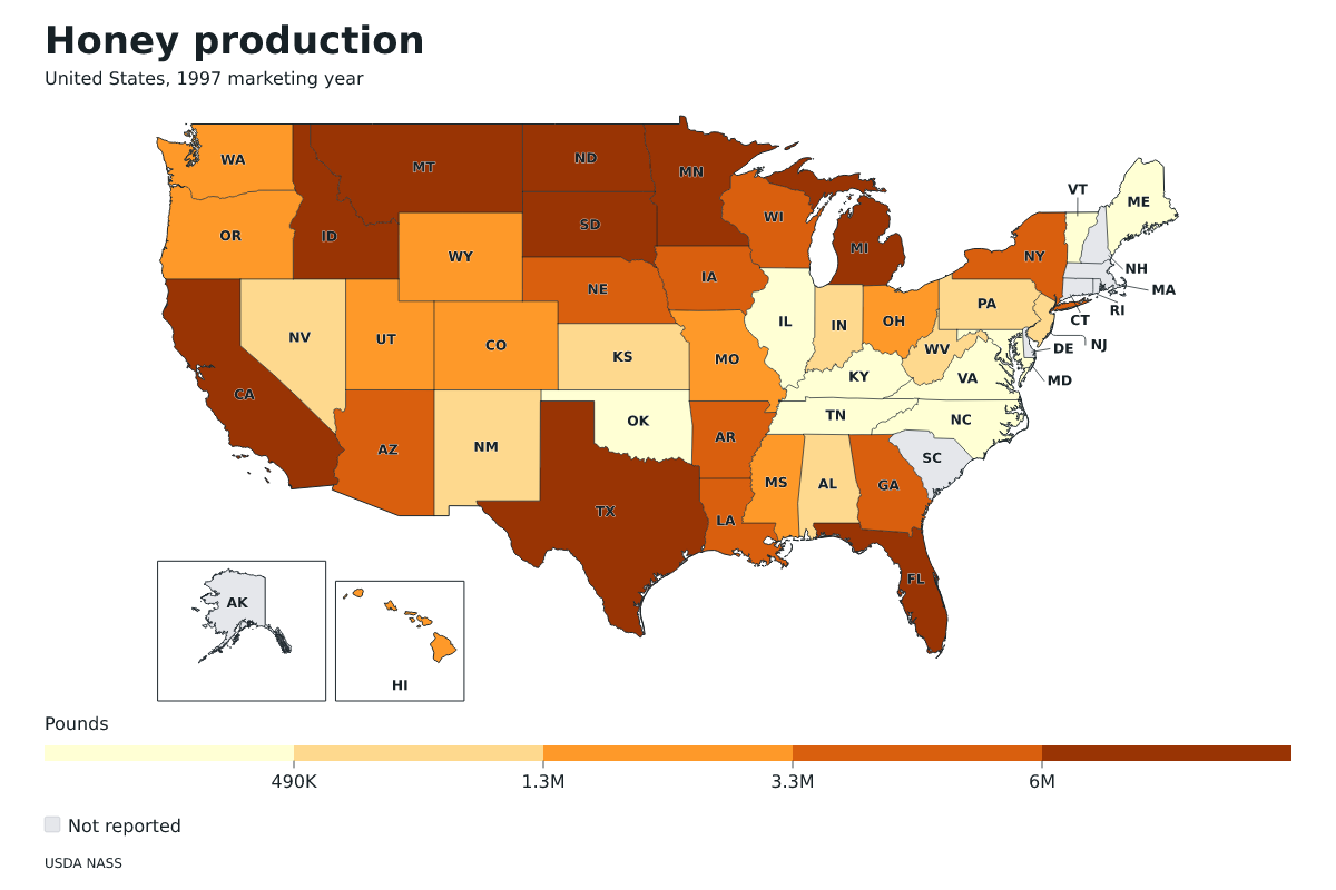 Producción de miel por estado en Estados Unidos, Año comercial 1997. Unidad: libras de miel. Fuente: USDA National Agricultural Statistics Service (NASS).