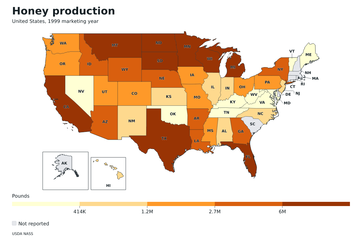 Producción de miel por estado en Estados Unidos, Año comercial 1999. Unidad: libras de miel. Fuente: USDA National Agricultural Statistics Service (NASS).