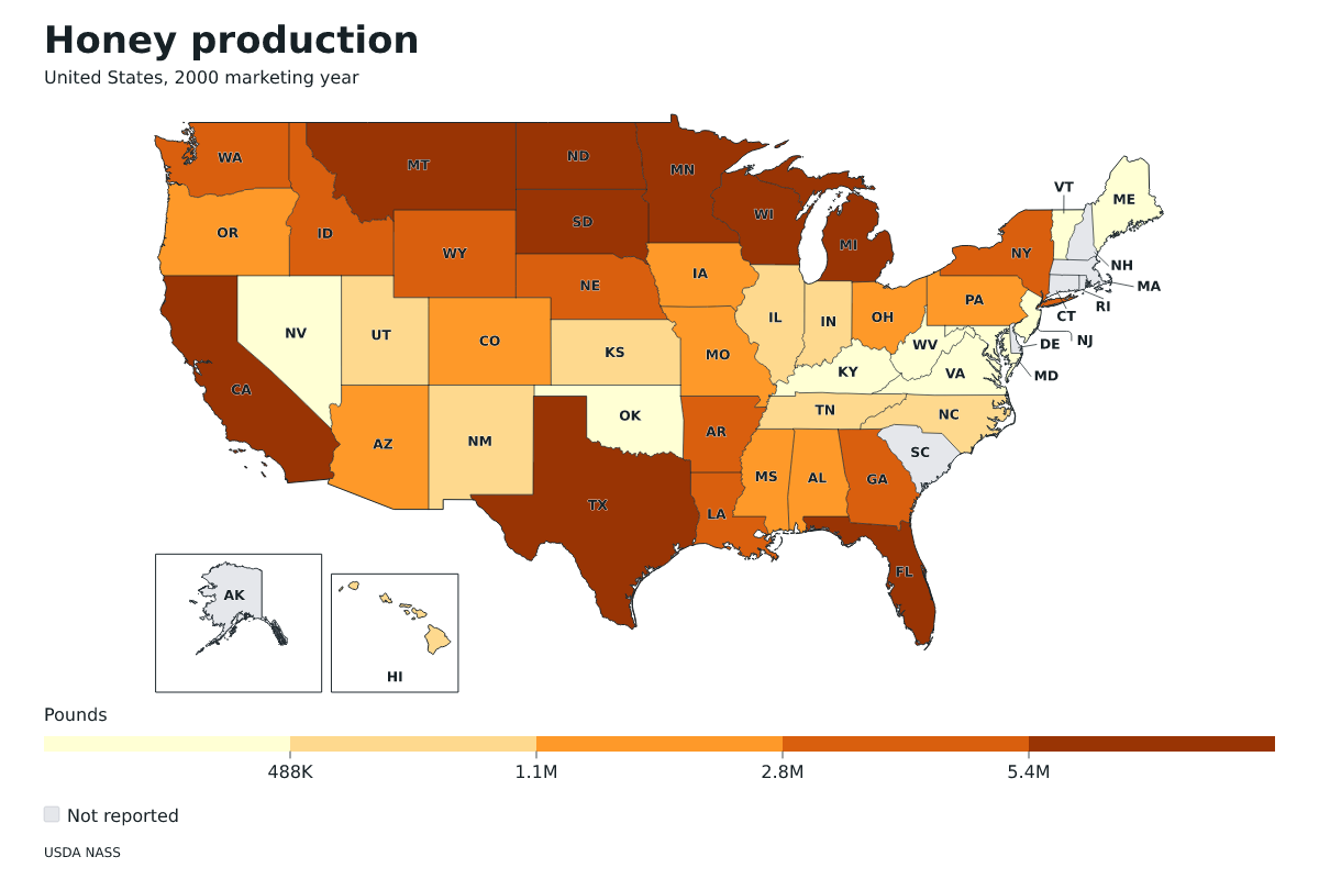 Producción de miel por estado en Estados Unidos, Año comercial 2000. Unidad: libras de miel. Fuente: USDA National Agricultural Statistics Service (NASS).