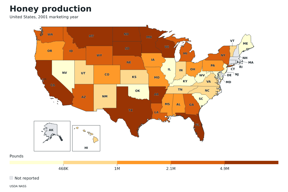 Producción de miel por estado en Estados Unidos, Año comercial 2001. Unidad: libras de miel. Fuente: USDA National Agricultural Statistics Service (NASS).