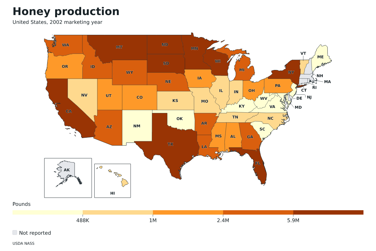 Producción de miel por estado en Estados Unidos, Año comercial 2002. Unidad: libras de miel. Fuente: USDA National Agricultural Statistics Service (NASS).