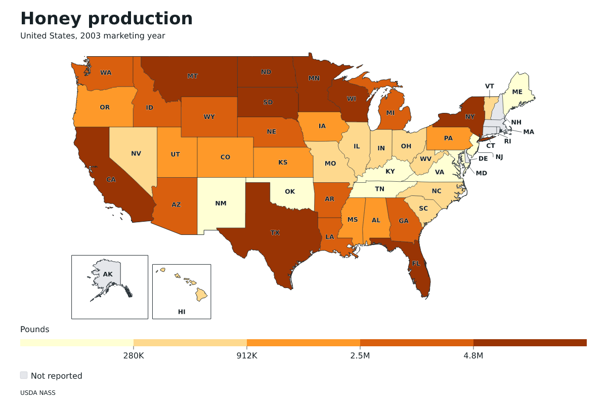 Producción de miel por estado en Estados Unidos, Año comercial 2003. Unidad: libras de miel. Fuente: USDA National Agricultural Statistics Service (NASS).