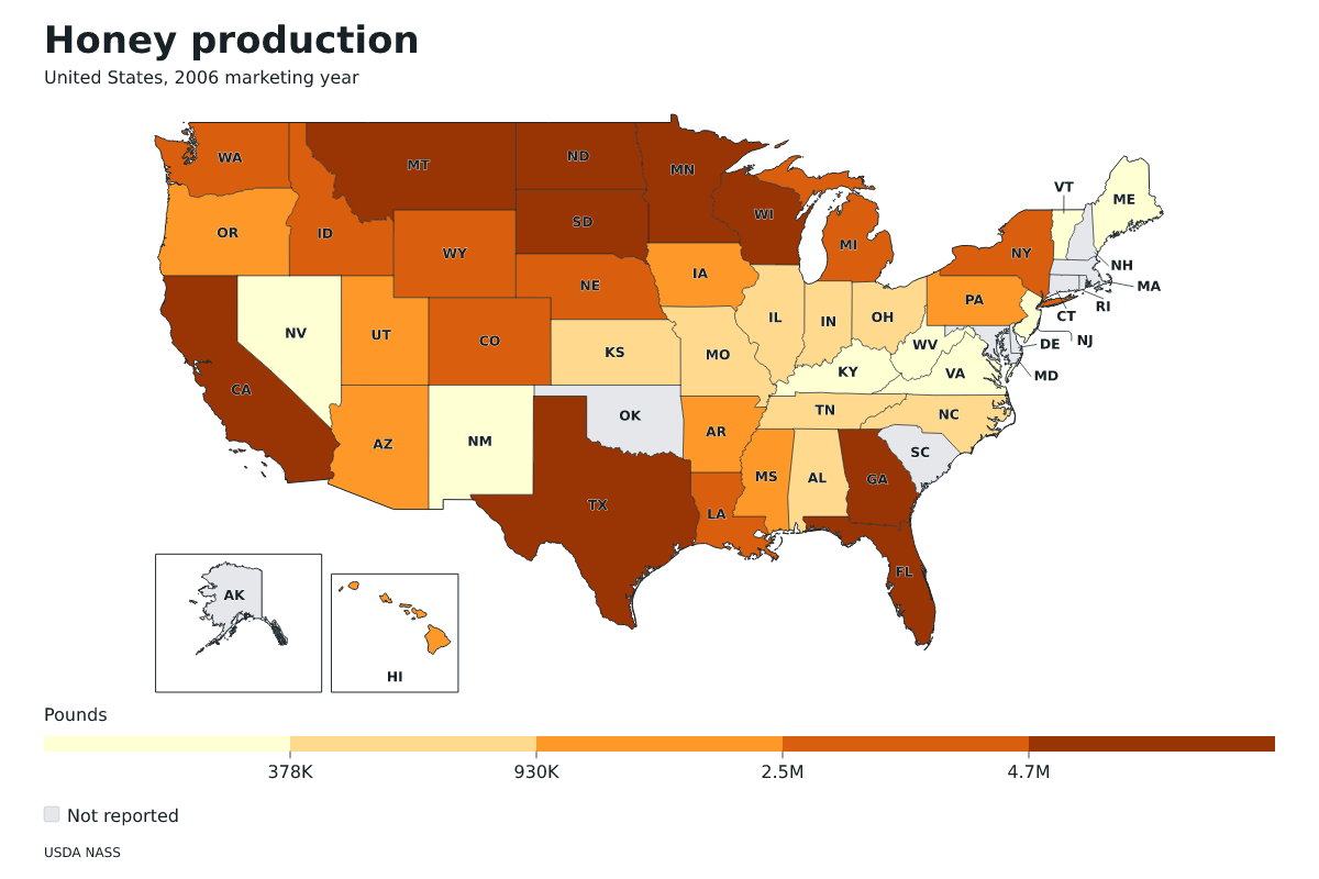 Producción de miel por estado en Estados Unidos, Año comercial 2006. Unidad: libras de miel. Fuente: USDA National Agricultural Statistics Service (NASS).