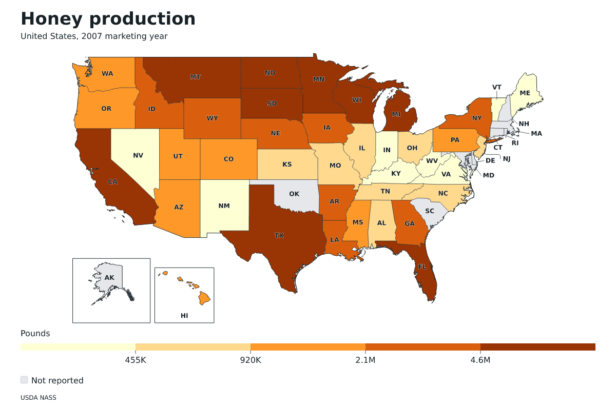 Producción de miel por estado en Estados Unidos, Año comercial 2007. Unidad: libras de miel. Fuente: USDA National Agricultural Statistics Service (NASS).