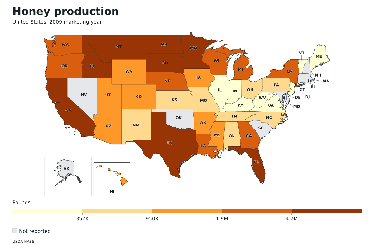 Producción de miel por estado en Estados Unidos, Año comercial 2009. Unidad: libras de miel. Fuente: USDA National Agricultural Statistics Service (NASS).