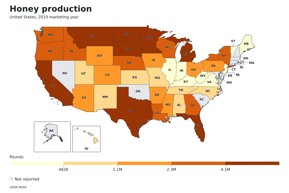 Producción de miel por estado en Estados Unidos, Año comercial 2010. Unidad: libras de miel. Fuente: USDA National Agricultural Statistics Service (NASS).