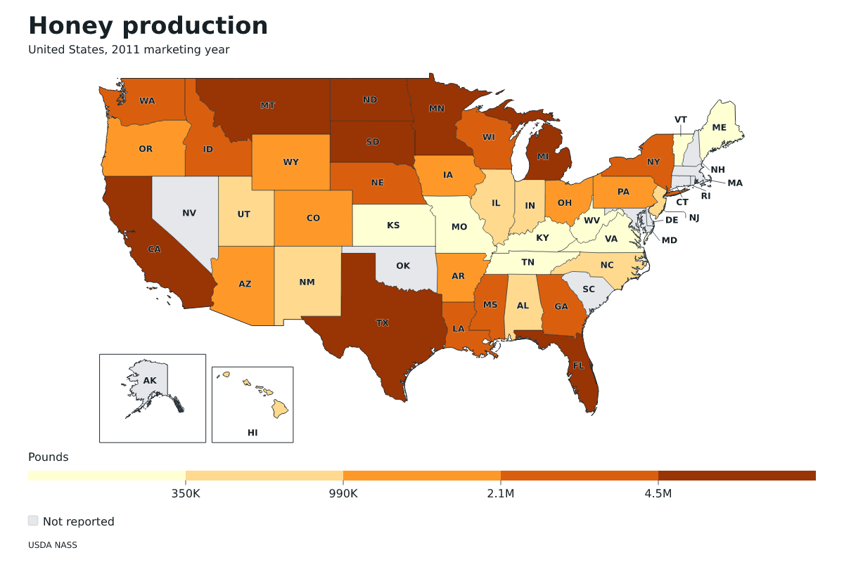 Producción de miel por estado en Estados Unidos, Año comercial 2011. Unidad: libras de miel. Fuente: USDA National Agricultural Statistics Service (NASS).