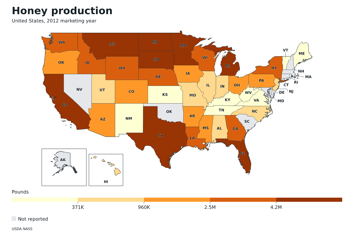 Producción de miel por estado en Estados Unidos, Año comercial 2012. Unidad: libras de miel. Fuente: USDA National Agricultural Statistics Service (NASS).