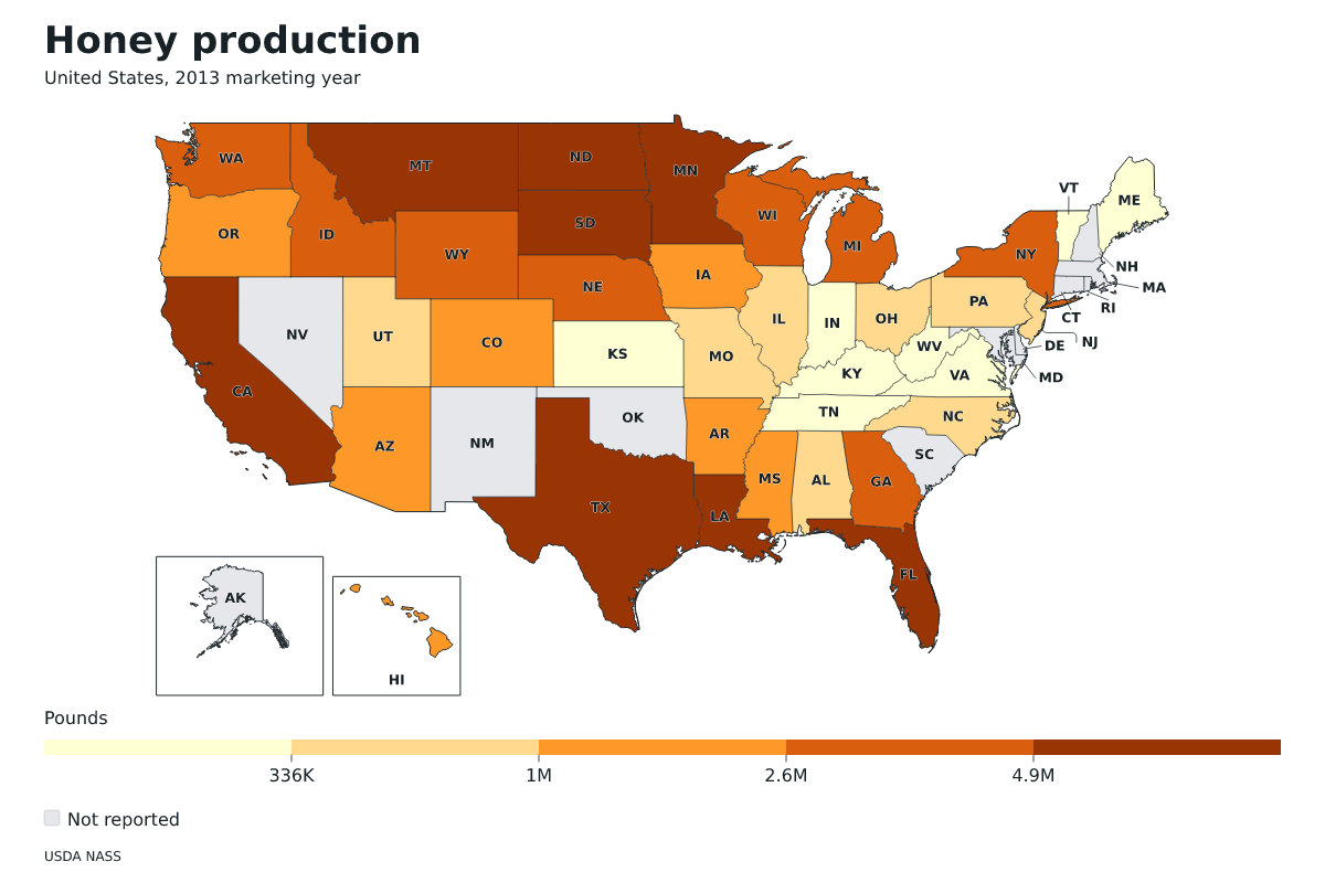 Producción de miel por estado en Estados Unidos, Año comercial 2013. Unidad: libras de miel. Fuente: USDA National Agricultural Statistics Service (NASS).