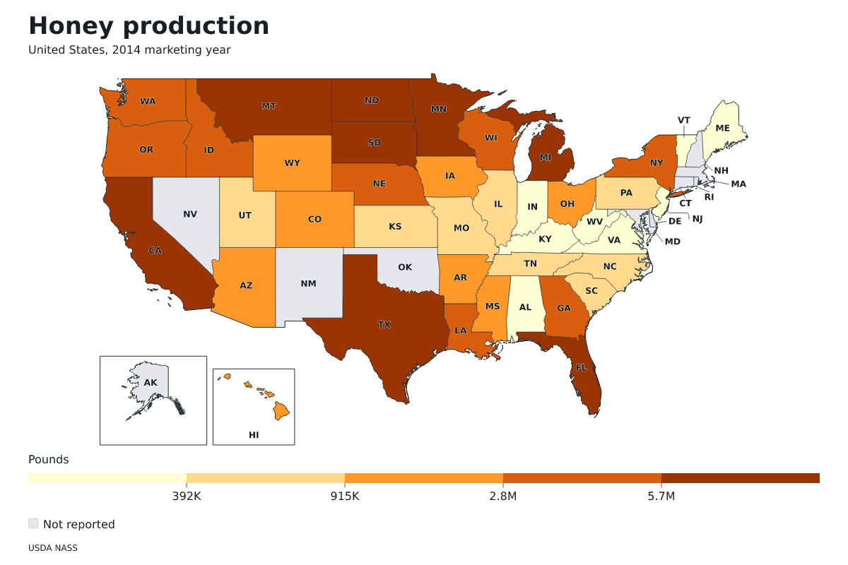 Producción de miel por estado en Estados Unidos, Año comercial 2014. Unidad: libras de miel. Fuente: USDA National Agricultural Statistics Service (NASS).