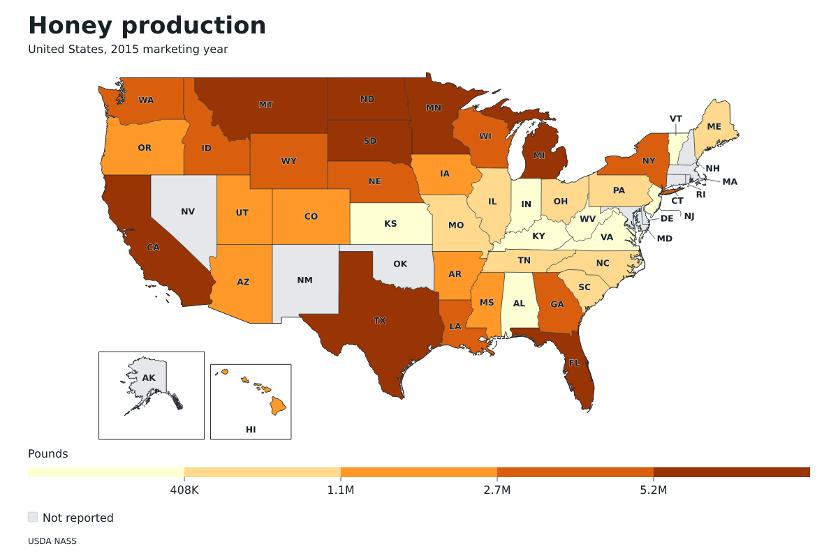 Producción de miel por estado en Estados Unidos, Año comercial 2015. Unidad: libras de miel. Fuente: USDA National Agricultural Statistics Service (NASS).