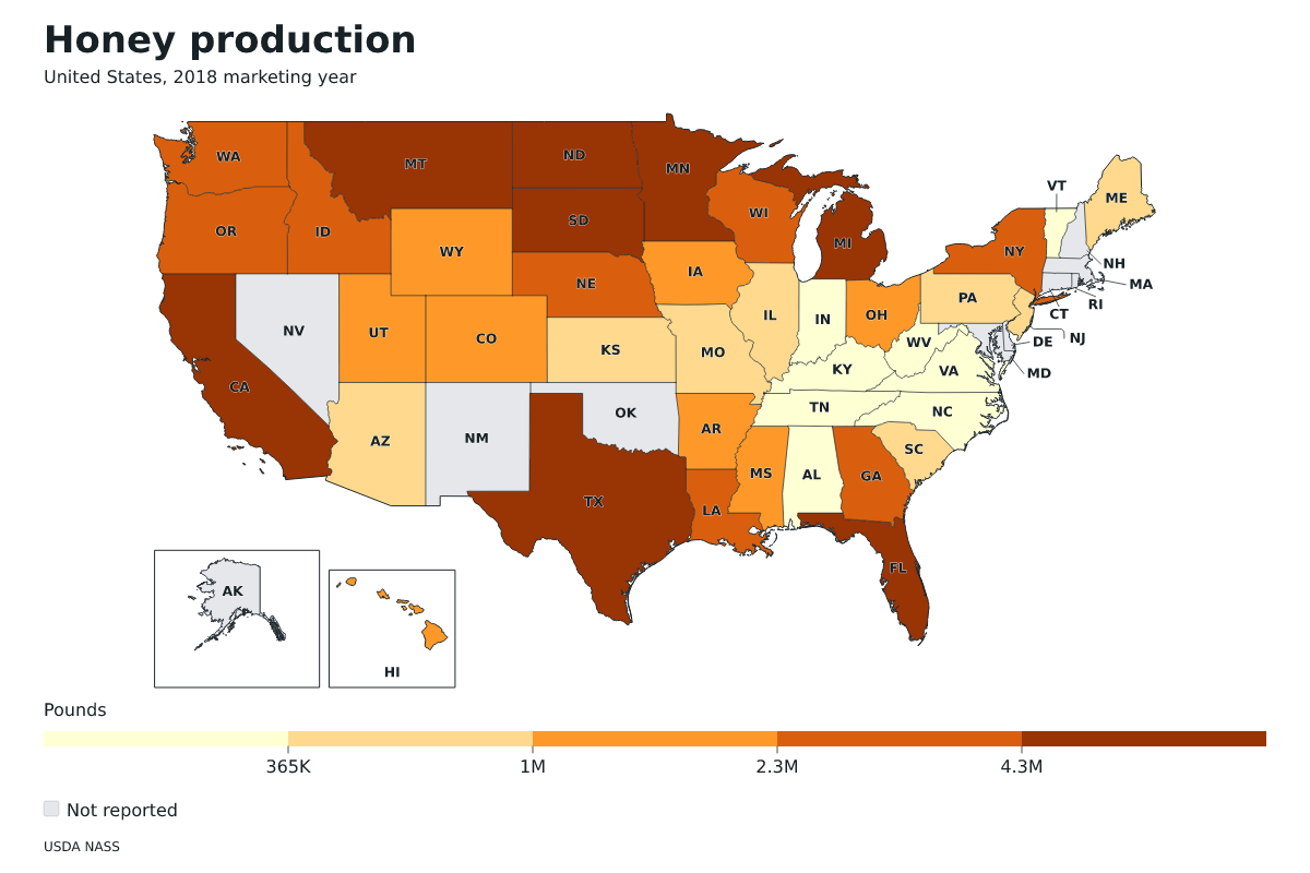 Producción de miel por estado en Estados Unidos, Año comercial 2018. Unidad: libras de miel. Fuente: USDA National Agricultural Statistics Service (NASS).