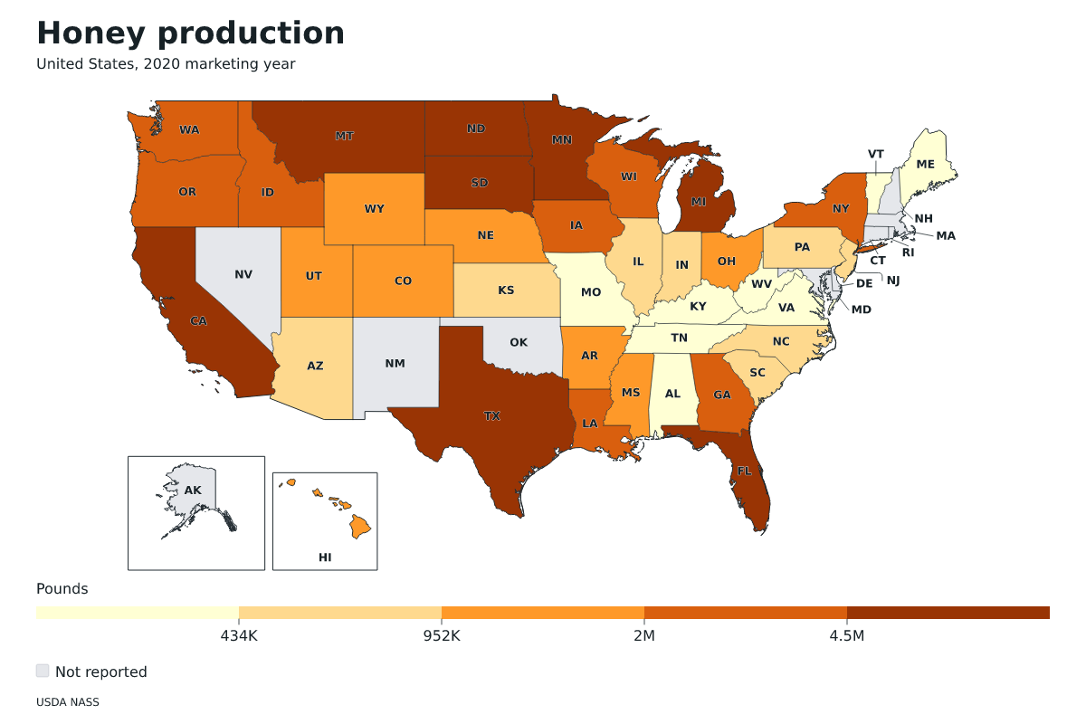 Producción de miel por estado en Estados Unidos, Año comercial 2020. Unidad: libras de miel. Fuente: USDA National Agricultural Statistics Service (NASS).