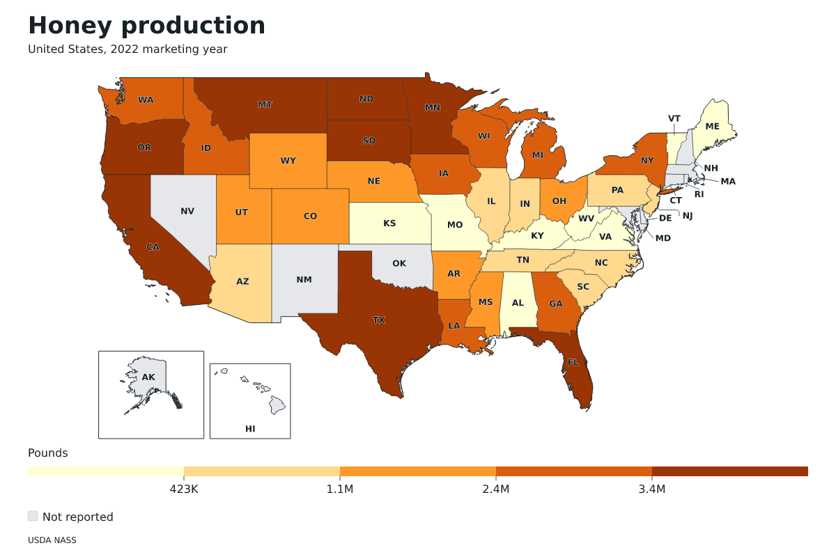 Producción de miel por estado en Estados Unidos, Año comercial 2022. Unidad: libras de miel. Fuente: USDA National Agricultural Statistics Service (NASS).