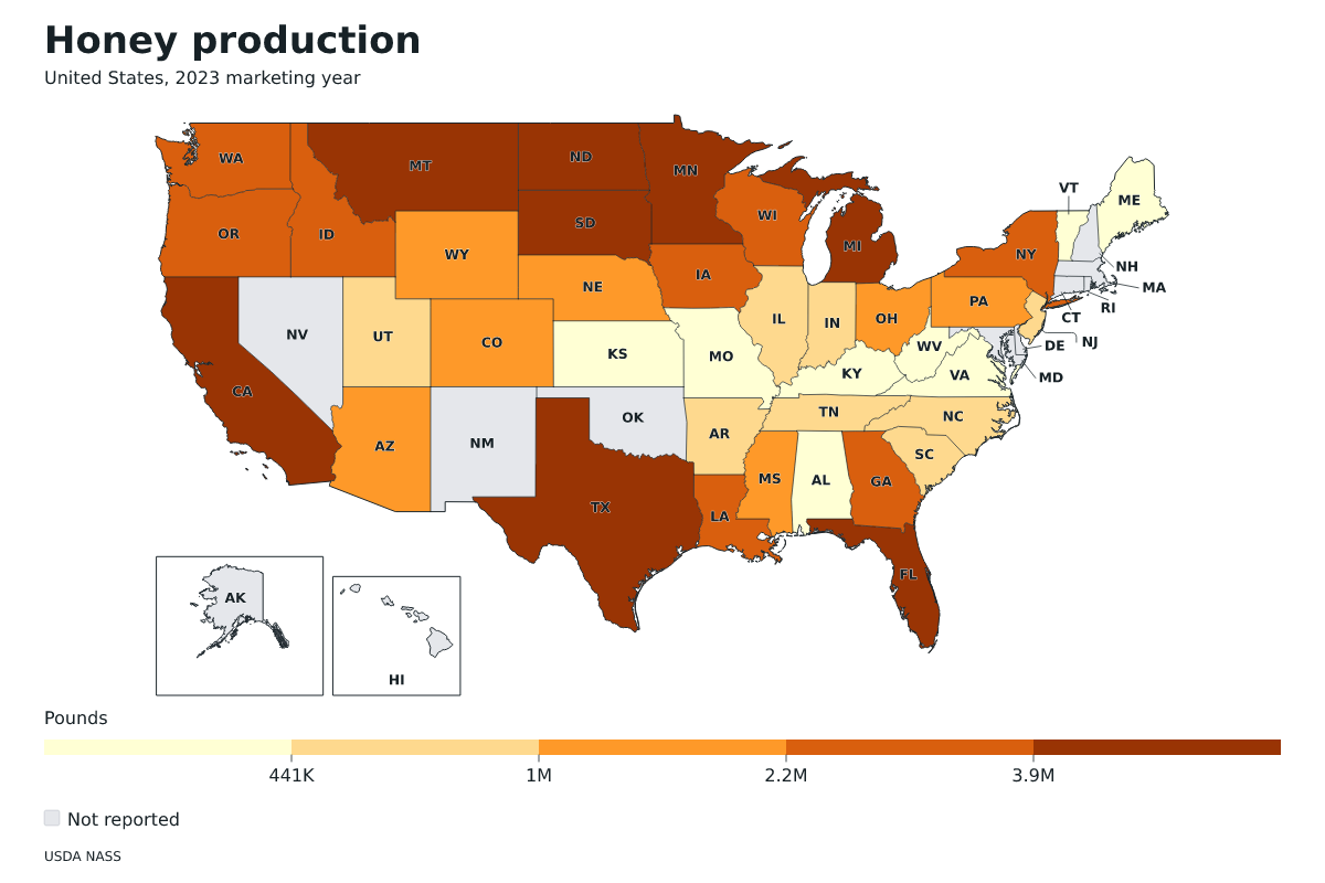 Producción de miel por estado en Estados Unidos, Año comercial 2023. Unidad: libras de miel. Fuente: USDA National Agricultural Statistics Service (NASS).