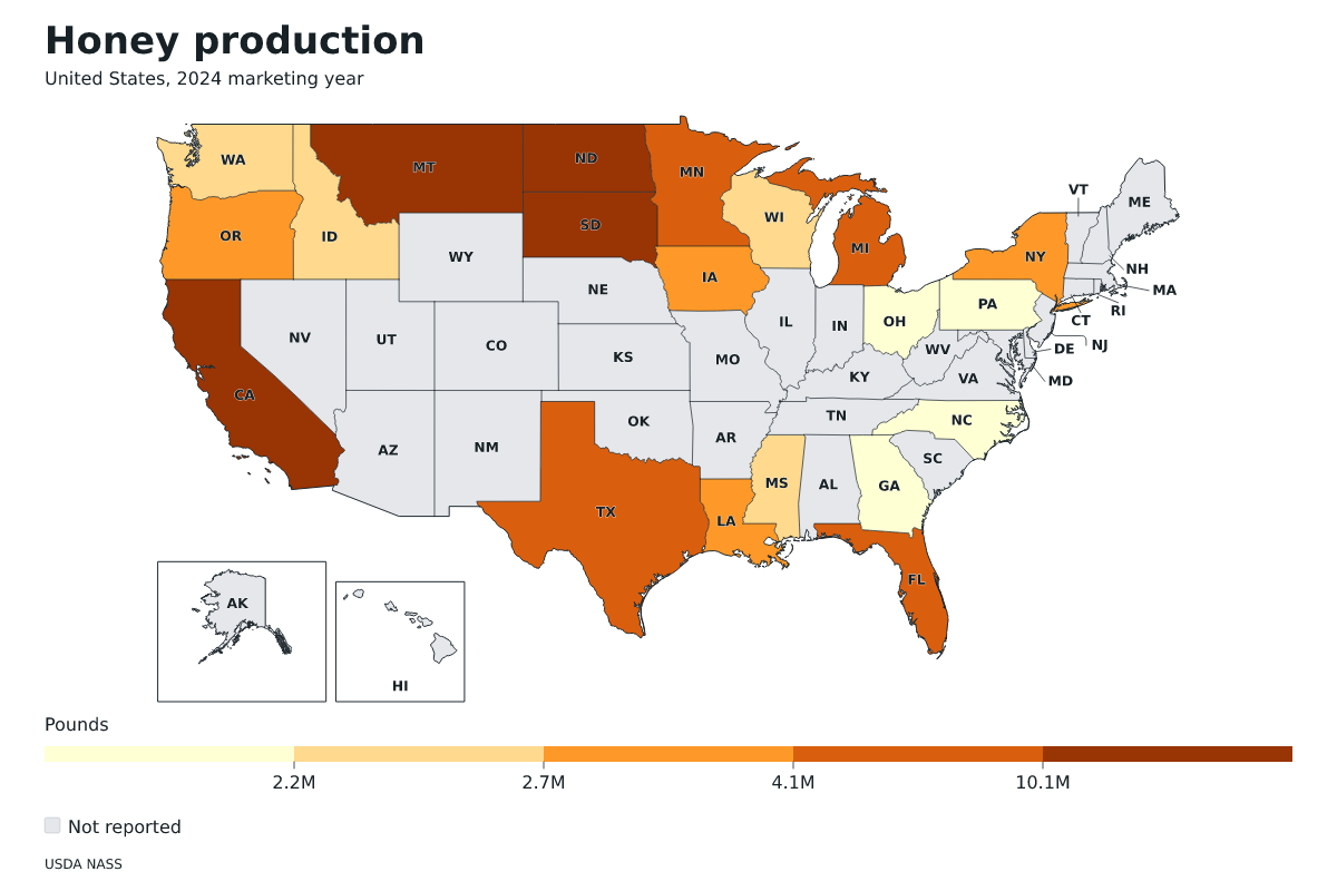Producción de miel por estado en Estados Unidos, Año comercial 2024. Unidad: libras de miel. Fuente: USDA National Agricultural Statistics Service (NASS).
