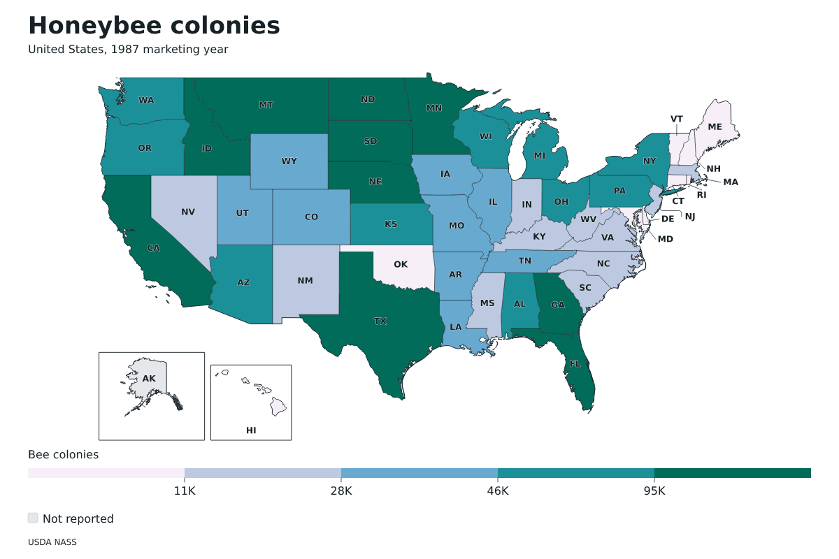 Colonias de abejas por estado en Estados Unidos, Año comercial 1987. Unidad: colonias de abejas productoras de miel. Fuente: USDA National Agricultural Statistics Service (NASS).