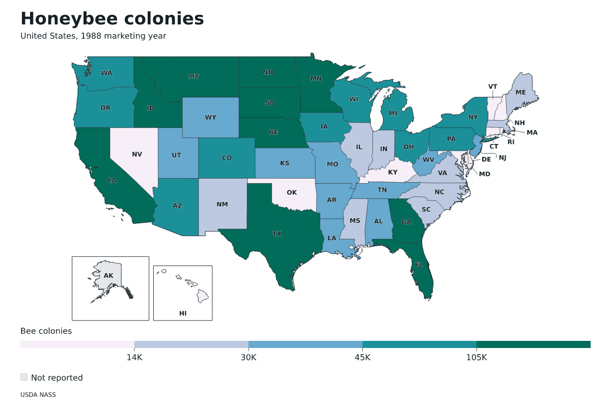 Colonias de abejas por estado en Estados Unidos, Año comercial 1988. Unidad: colonias de abejas productoras de miel. Fuente: USDA National Agricultural Statistics Service (NASS).