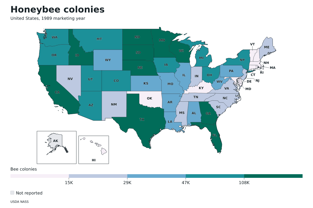 Colonias de abejas por estado en Estados Unidos, Año comercial 1989. Unidad: colonias de abejas productoras de miel. Fuente: USDA National Agricultural Statistics Service (NASS).