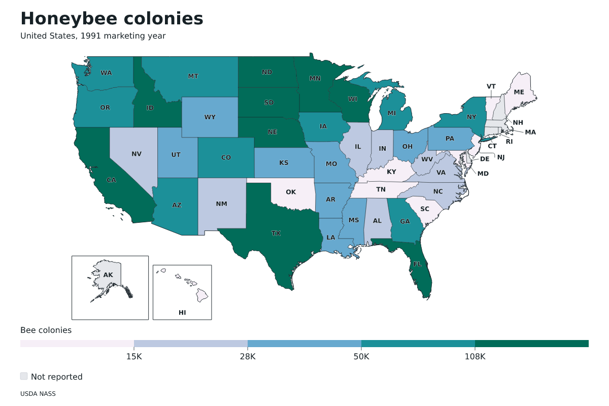 Colonias de abejas por estado en Estados Unidos, Año comercial 1991. Unidad: colonias de abejas productoras de miel. Fuente: USDA National Agricultural Statistics Service (NASS).
