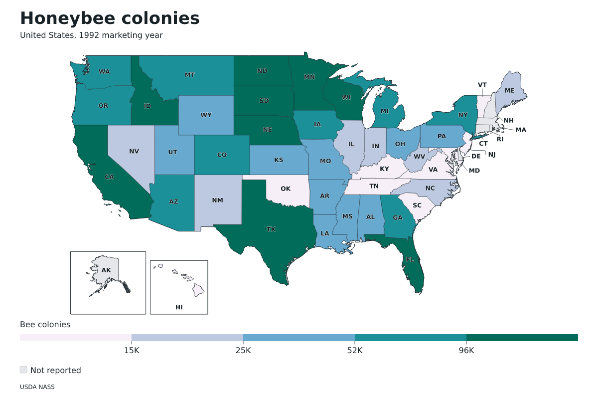 Colonias de abejas por estado en Estados Unidos, Año comercial 1992. Unidad: colonias de abejas productoras de miel. Fuente: USDA National Agricultural Statistics Service (NASS).