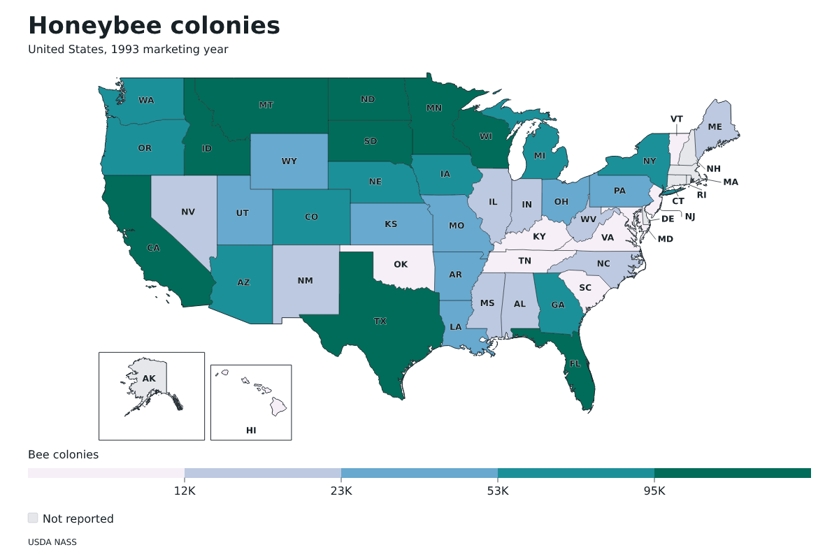 Colonias de abejas por estado en Estados Unidos, Año comercial 1993. Unidad: colonias de abejas productoras de miel. Fuente: USDA National Agricultural Statistics Service (NASS).