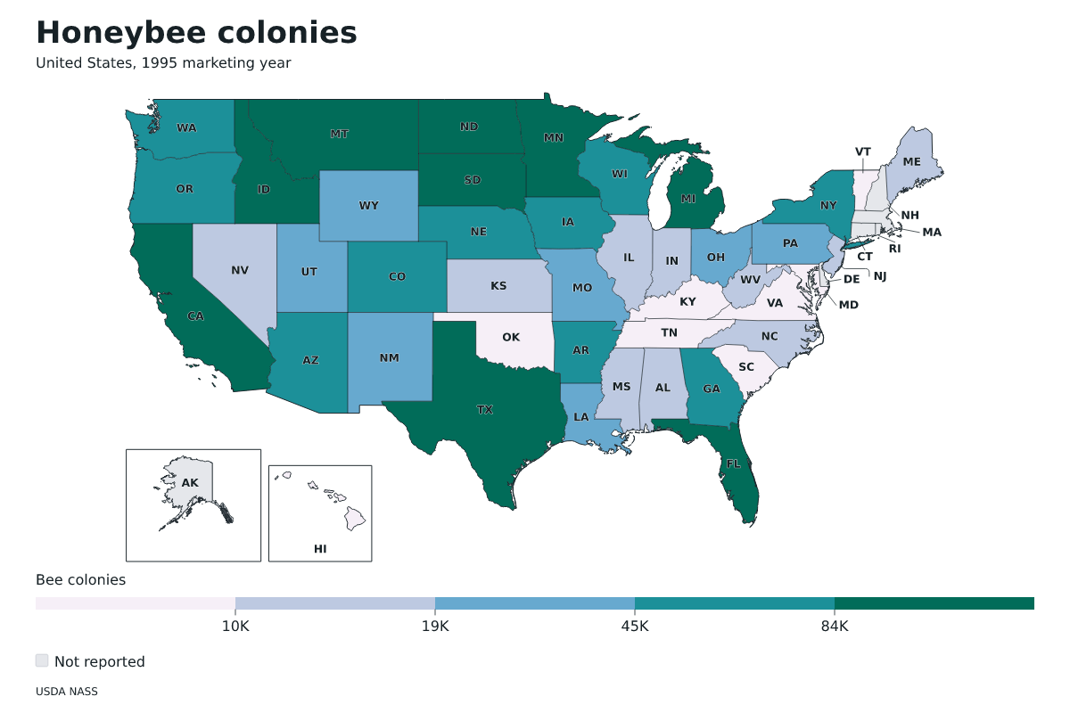 Colonias de abejas por estado en Estados Unidos, Año comercial 1995. Unidad: colonias de abejas productoras de miel. Fuente: USDA National Agricultural Statistics Service (NASS).