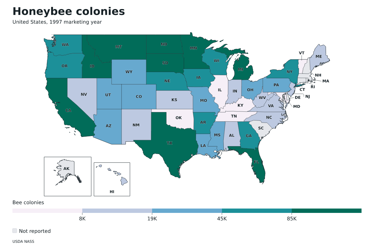 Colonias de abejas por estado en Estados Unidos, Año comercial 1997. Unidad: colonias de abejas productoras de miel. Fuente: USDA National Agricultural Statistics Service (NASS).
