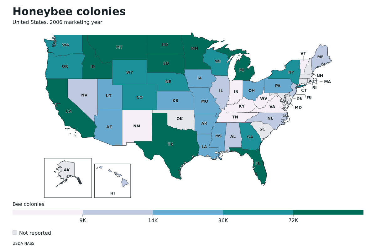 Colonias de abejas por estado en Estados Unidos, Año comercial 2006. Unidad: colonias de abejas productoras de miel. Fuente: USDA National Agricultural Statistics Service (NASS).