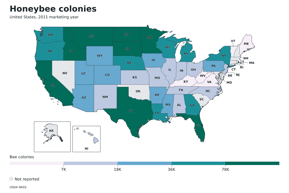 Colonias de abejas por estado en Estados Unidos, Año comercial 2011. Unidad: colonias de abejas productoras de miel. Fuente: USDA National Agricultural Statistics Service (NASS).