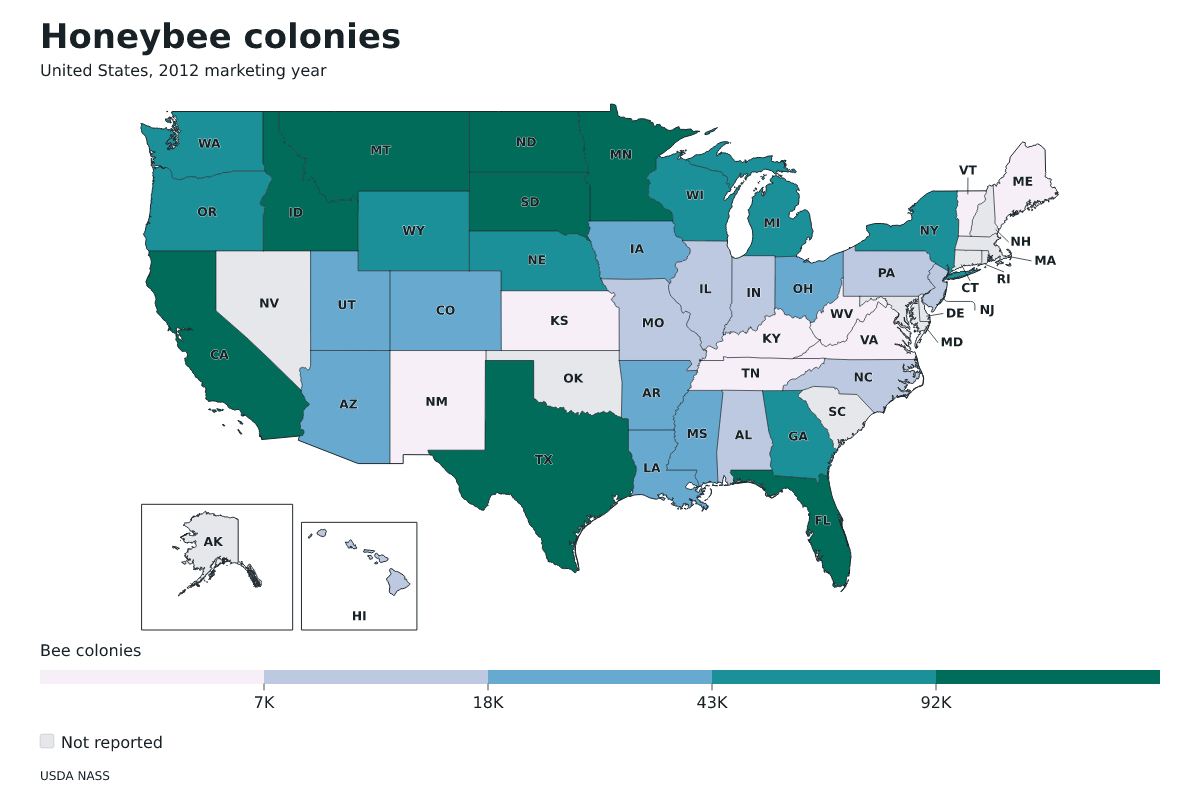 Colonias de abejas por estado en Estados Unidos, Año comercial 2012. Unidad: colonias de abejas productoras de miel. Fuente: USDA National Agricultural Statistics Service (NASS).