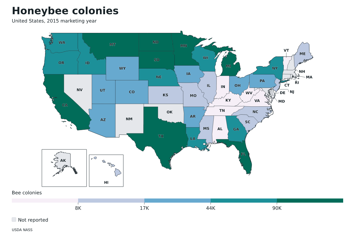 Colonias de abejas por estado en Estados Unidos, Año comercial 2015. Unidad: colonias de abejas productoras de miel. Fuente: USDA National Agricultural Statistics Service (NASS).