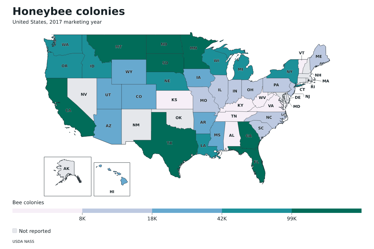 Colonias de abejas por estado en Estados Unidos, Año comercial 2017. Unidad: colonias de abejas productoras de miel. Fuente: USDA National Agricultural Statistics Service (NASS).