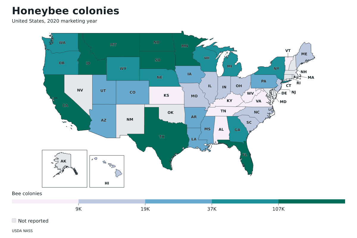 Colonias de abejas por estado en Estados Unidos, Año comercial 2020. Unidad: colonias de abejas productoras de miel. Fuente: USDA National Agricultural Statistics Service (NASS).