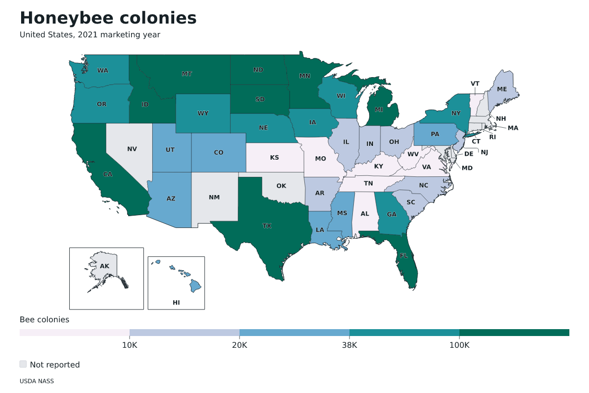 Colonias de abejas por estado en Estados Unidos, Año comercial 2021. Unidad: colonias de abejas productoras de miel. Fuente: USDA National Agricultural Statistics Service (NASS).