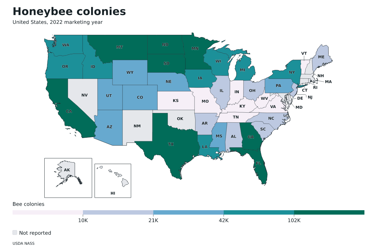 Colonias de abejas por estado en Estados Unidos, Año comercial 2022. Unidad: colonias de abejas productoras de miel. Fuente: USDA National Agricultural Statistics Service (NASS).