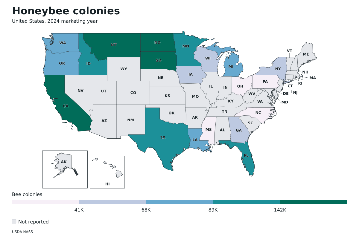 Colonias de abejas por estado en Estados Unidos, Año comercial 2024. Unidad: colonias de abejas productoras de miel. Fuente: USDA National Agricultural Statistics Service (NASS).